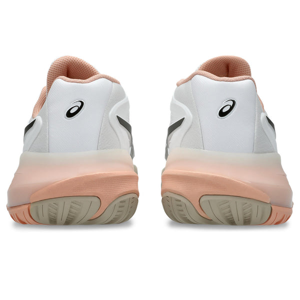 White and pink athletic shoes with a visible brand logo on a white background