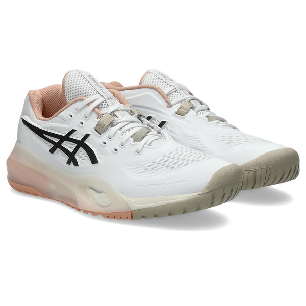 White running shoes with black logo on a white background
