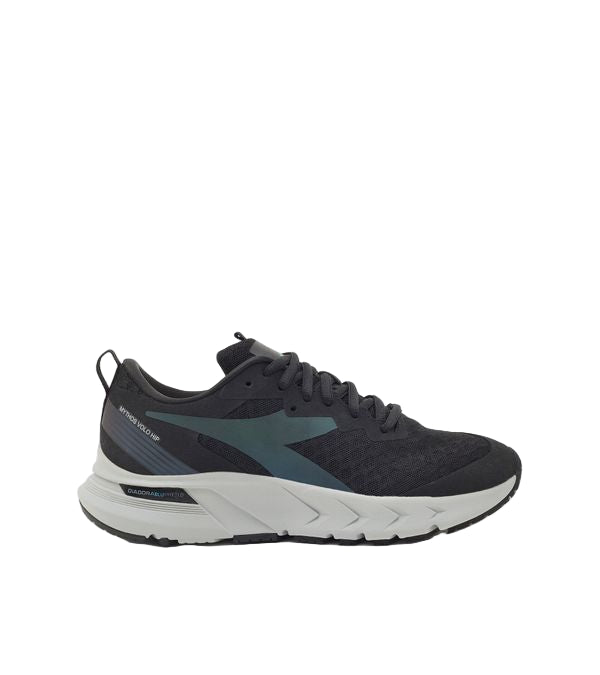 Black and gray athletic shoe on a white background