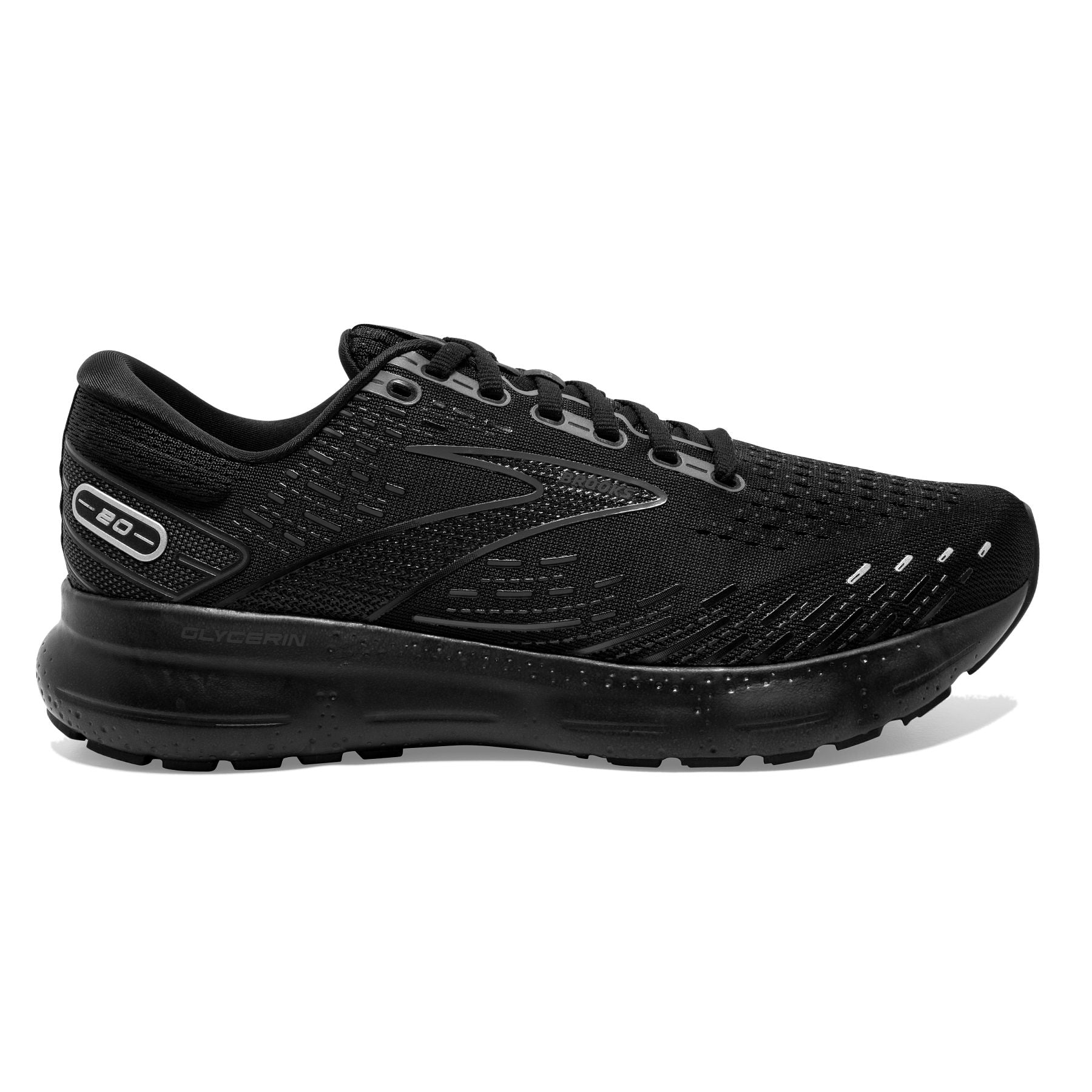 Lateral view of the Men's Glycerin 20 in all Black, wide "2E" width