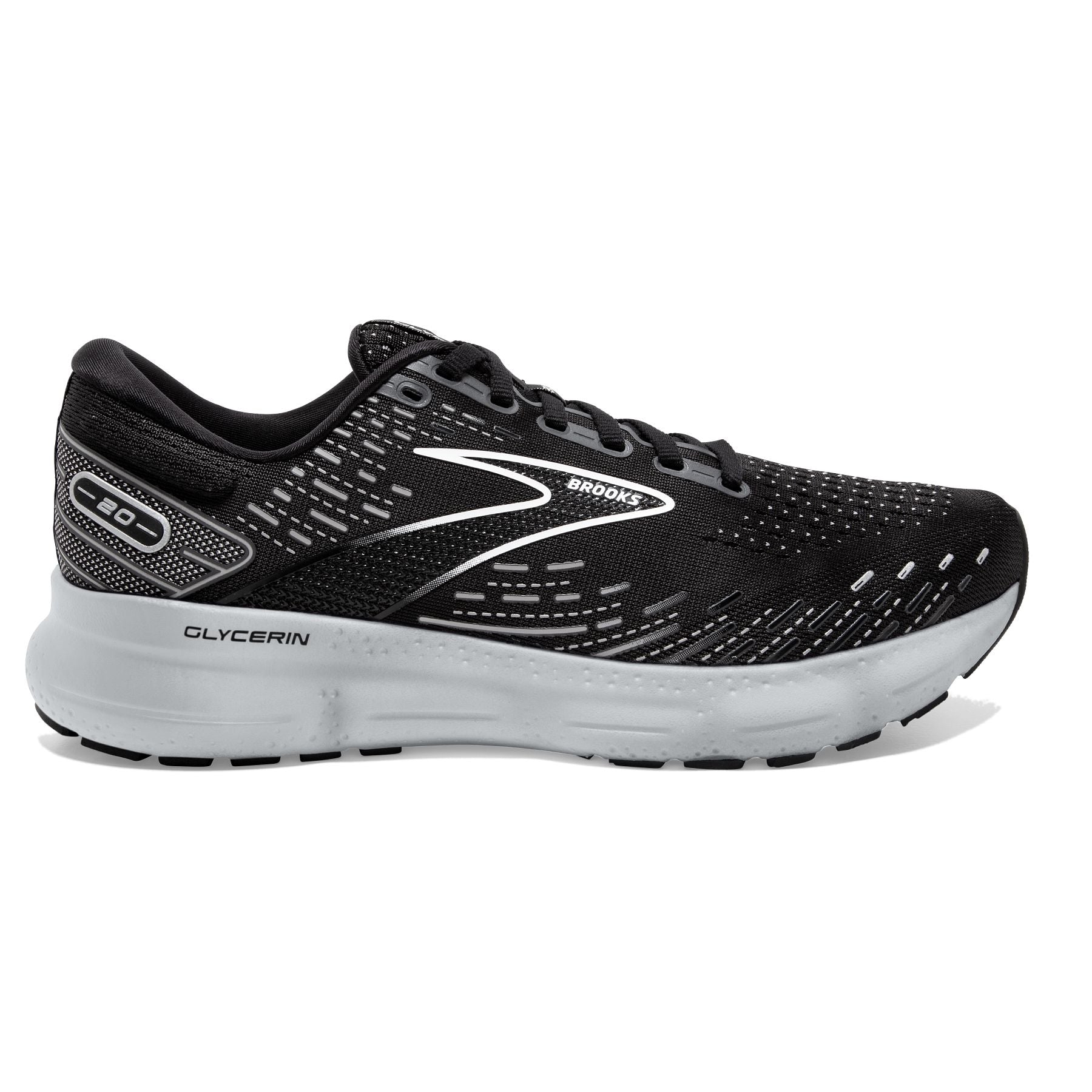 Lateral view of the Men's Glycerin 20 in the wide 2E width, color Black/White/Alloy