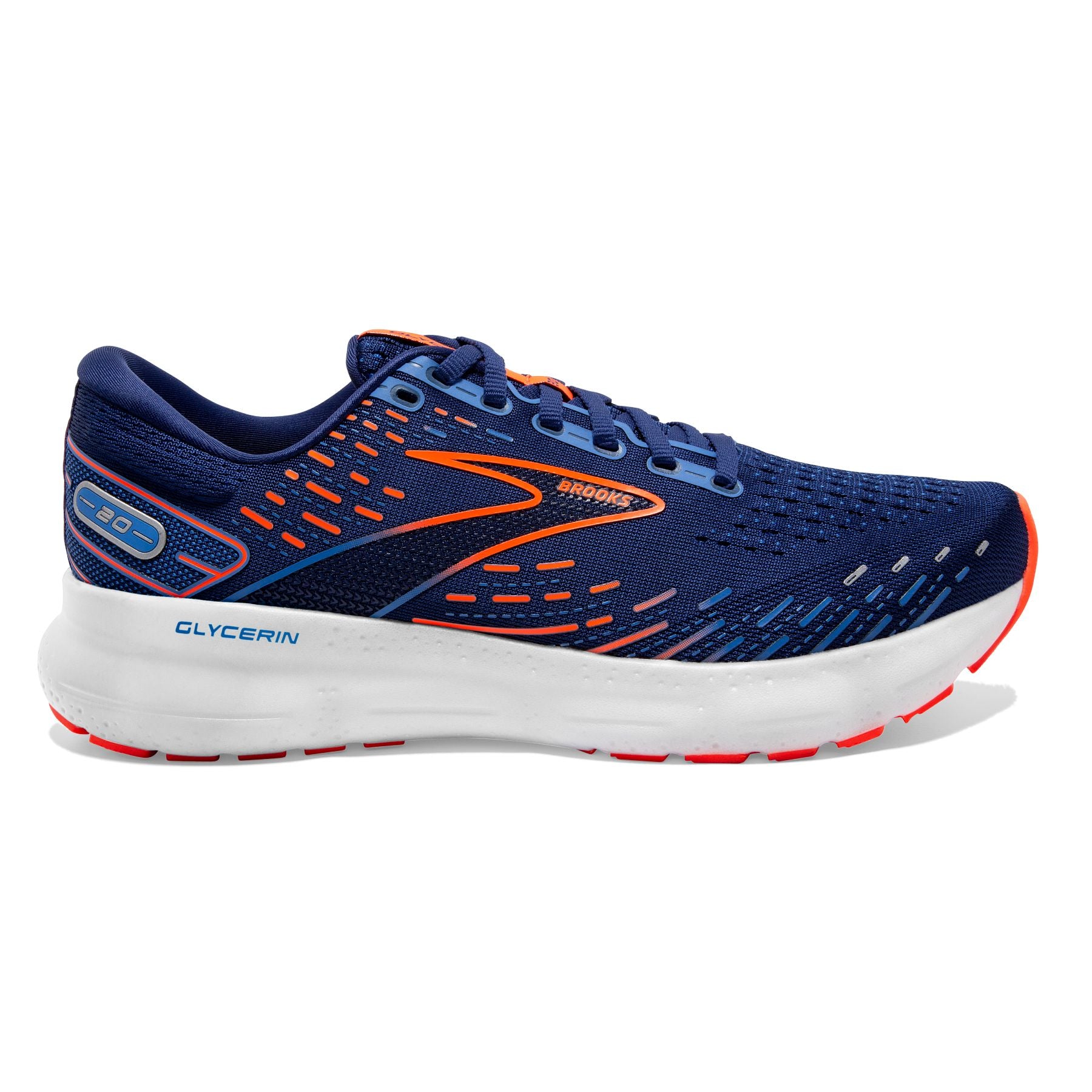 Lateral view of the Men's Glycerin 20 in Blue Depths/Palace Blue/Orange
