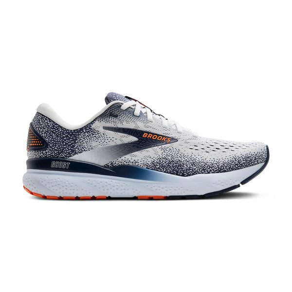 This men's Ghost 16 running shoe is mostly white and black with a few pops of orange.
