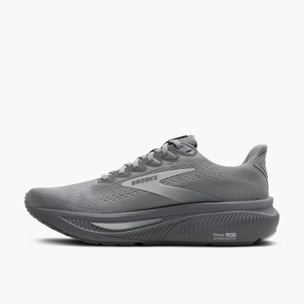 Gray running shoe with 'Brooks' branding on a white background