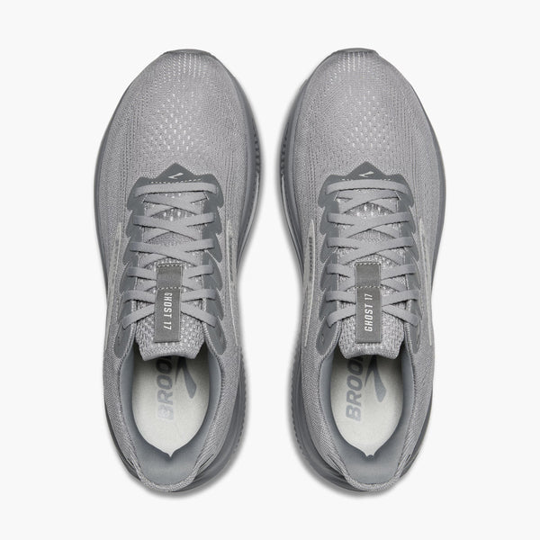 A pair of Brooks Ghost 17 wide shoes in all grey.