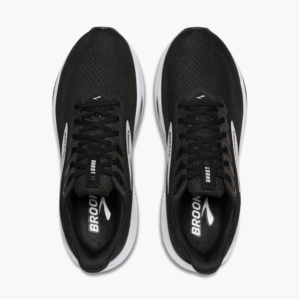 A top down look at a Ghost 17 for men that has black laces adn a white midsole.