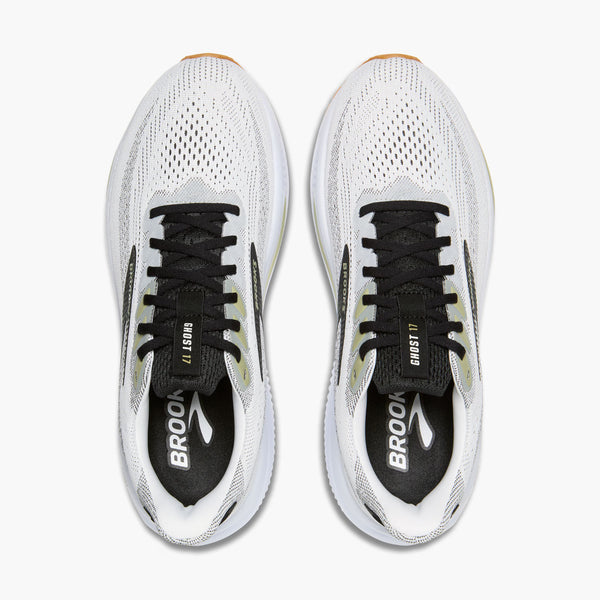 A top down look at a Ghost 17 running shoe from Brooks with a black tongue and black laces.