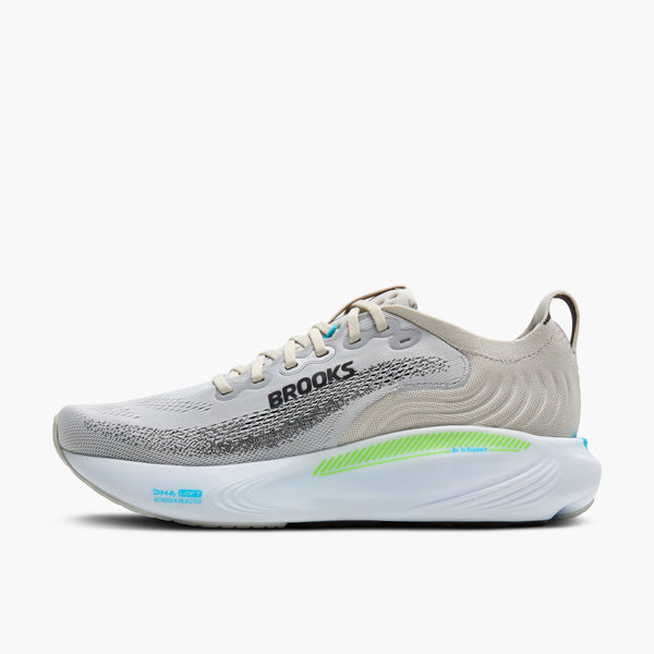 The medial side of an Adrenaline GTS 25 with a grey upper and a white midsole.