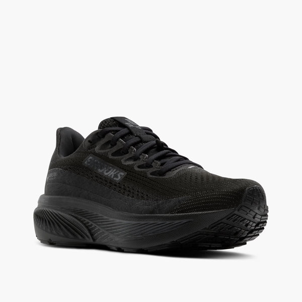 Black running shoe on a white background
