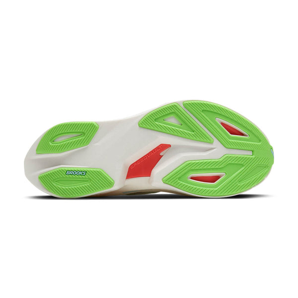 Neon green rubber is used for the outsole of this shoe and you can see the red speedvault propulsion plate through the midsole.
