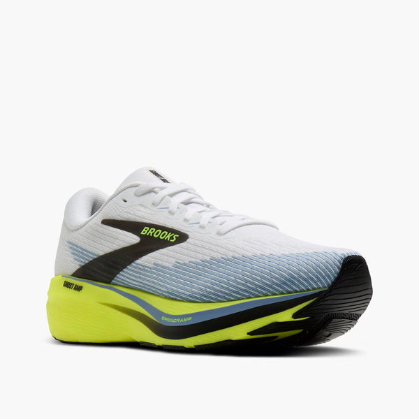 Brooks Ghost Run 14 running shoe in white, featuring a light blue gradient mesh upper, a black side logo stripe with yellow 'BROOKS' text, and a bright yellow-green Ghost Air midsole.