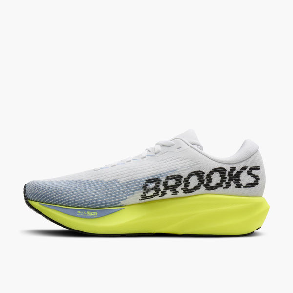 Brooks Ghost Run 14 running shoe in white, featuring a light blue gradient mesh upper, a black side logo stripe with yellow 'BROOKS' text, and a bright yellow-green Ghost Air midsole.