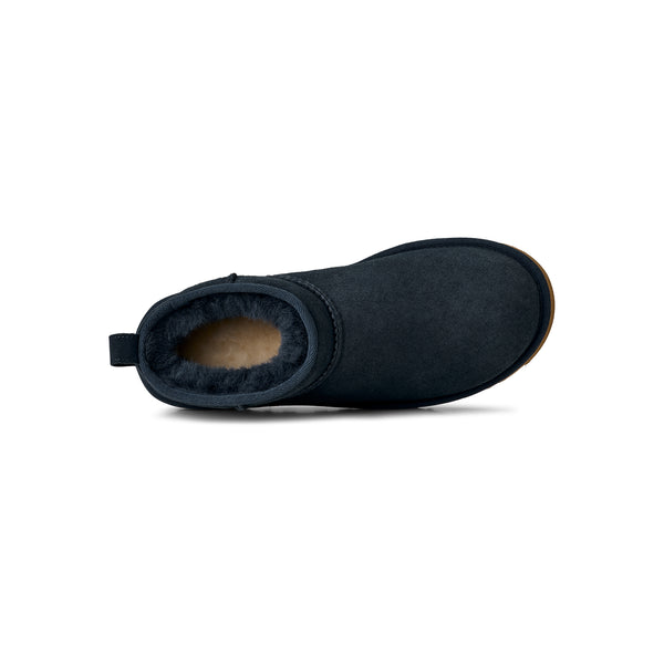 Navy ugg slipper with a tan midsole