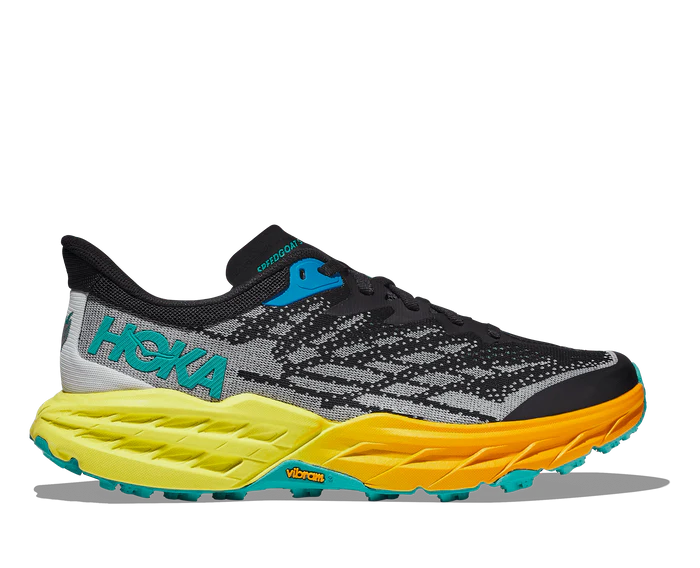 Lateral view of the Women's Speedgoat 5 by HOKA in Black/Evening Primrose