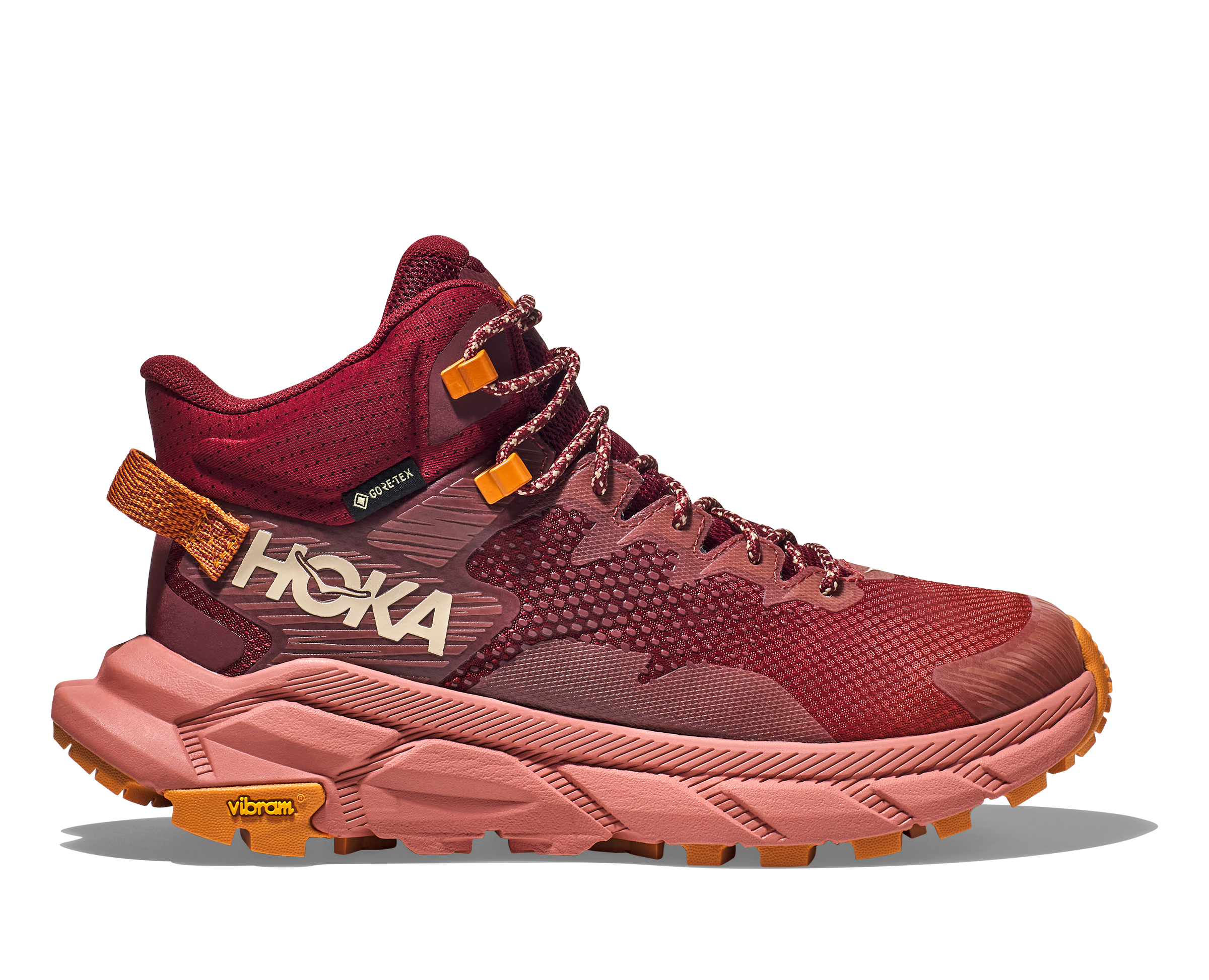Lateral view of the Women's Trail Code GTX by HOKA in Hot Sauce/Earthenware