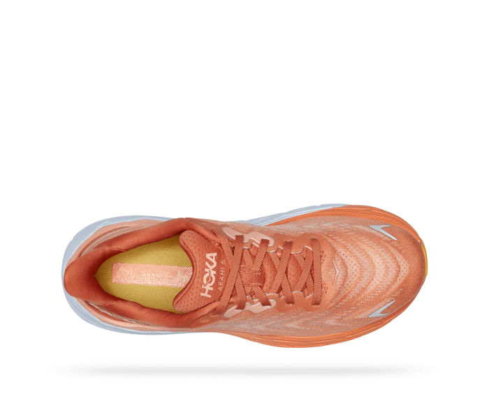 Top view of the Women's Arahi 6 in SUN BAKED / SHELL CORAL
