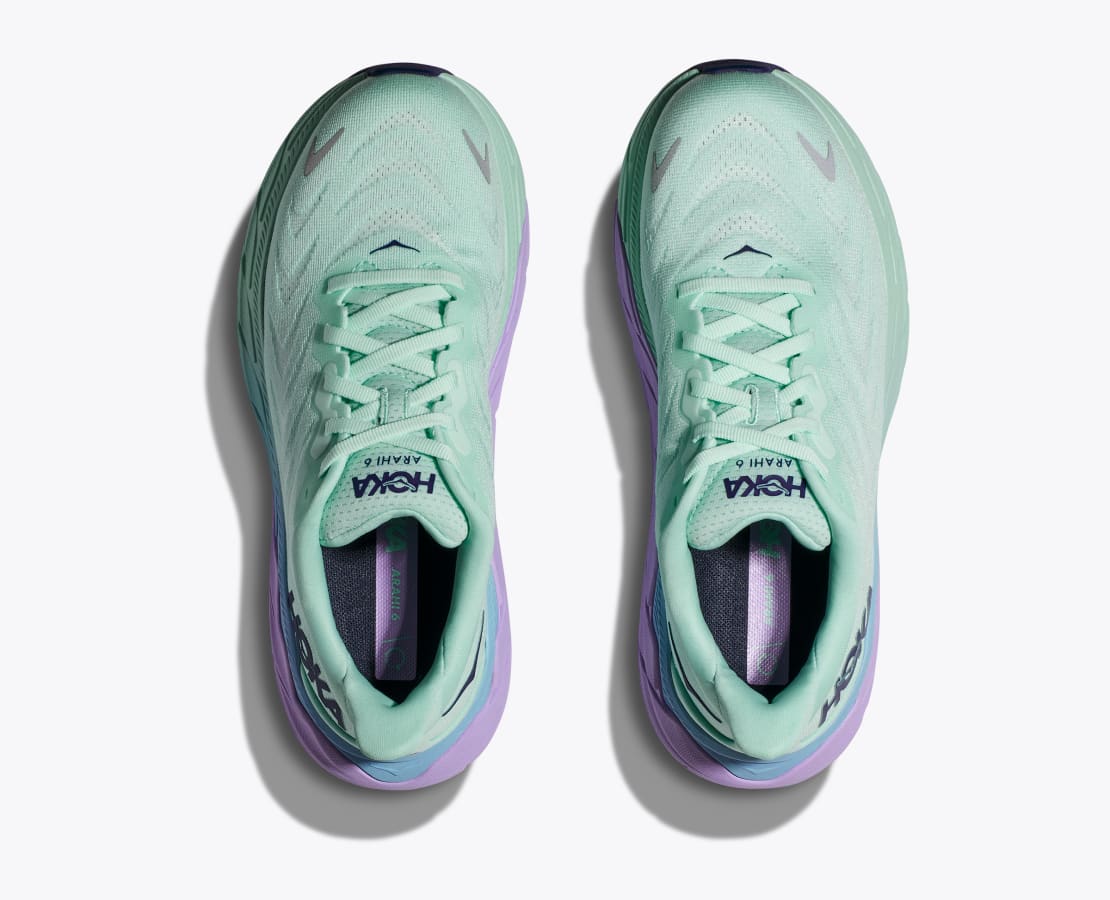 Top view of the Women's Arahi 6 by HOKA in the color Sunlit Ocean/Lilac Mist