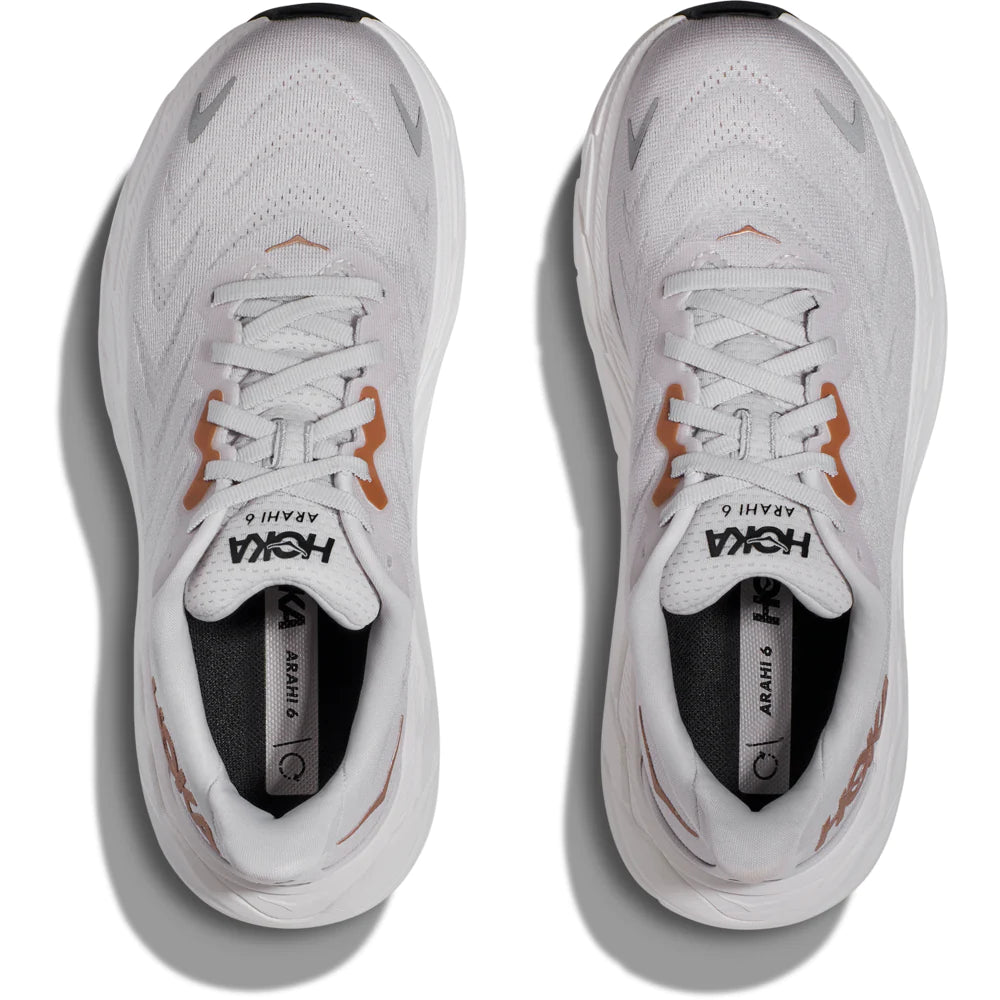 Top view of the Women's Arahi 6 in the wide D width, color Nimbus Cloud/Rose Gold