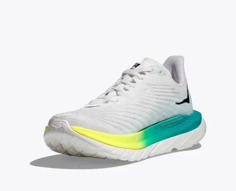 Front angle view of the Men's Mach 5 by HOKA in the color White/Blue Glass
