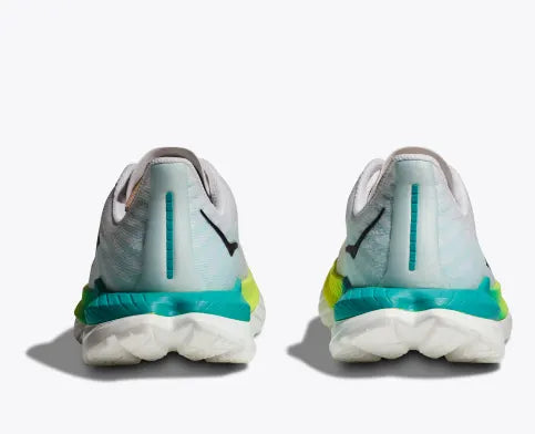 Back view of the Men's Mach 5 by HOKA in the color White/Blue Glass