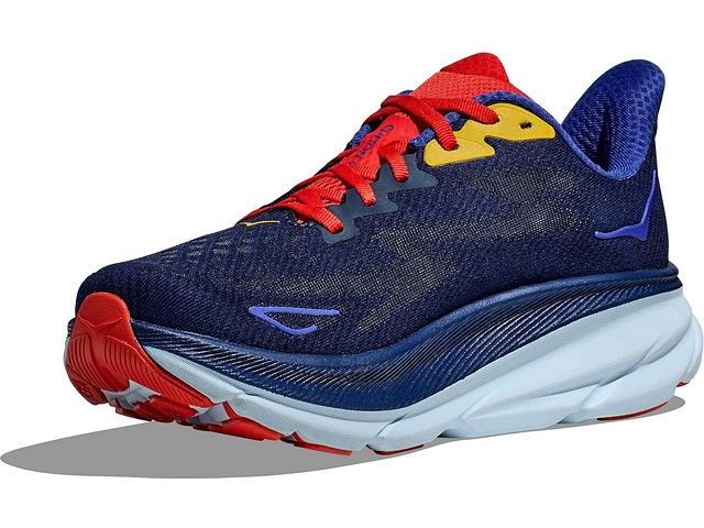 Front angled view of the Men's HOKA Clifton 9 in the color Bellwether Blue/Dazzling Blue