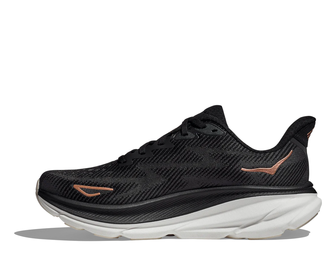 Medial view of the Women's Clifton 9 by HOKA in Black/Copper