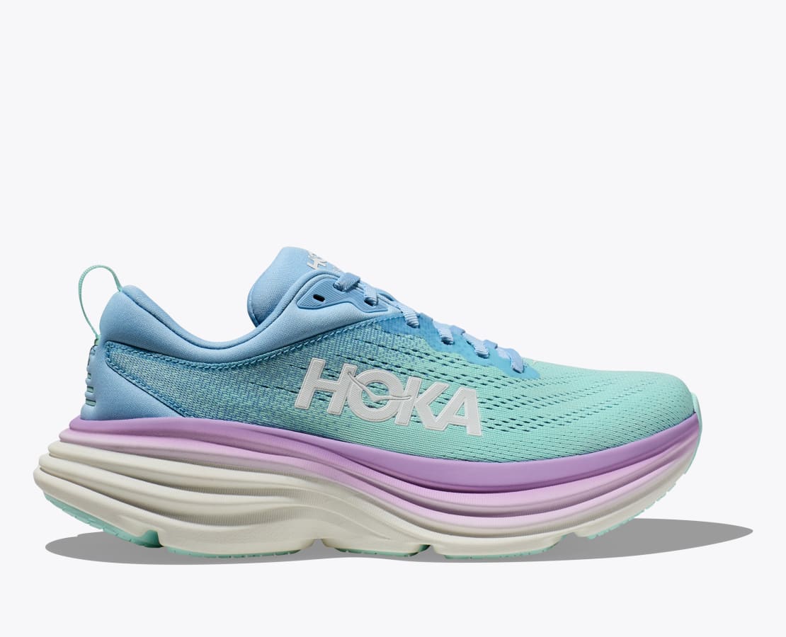 Lateral view of the Women's Bondi 8 by HOKA in the color Airy Blue/Sunlit Ocean