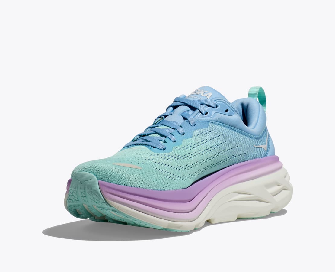 Front angle view of the Women's Bondi 8 by HOKA in the color Airy Blue/Sunlit Ocean