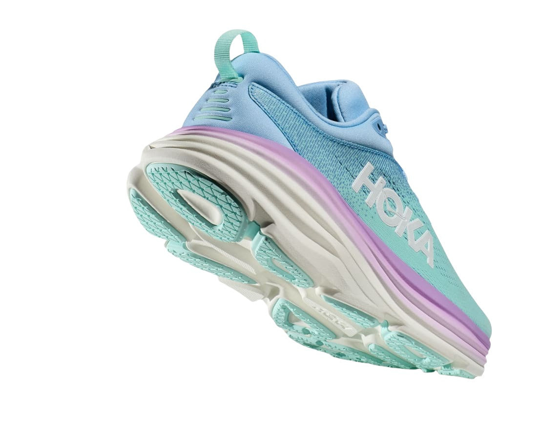 Back angle view of the Women's Bondi 8 by HOKA in the color Airy Blue/Sunlit Ocean