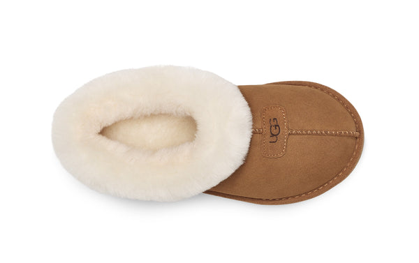 Sherling and tan slipper on a white background