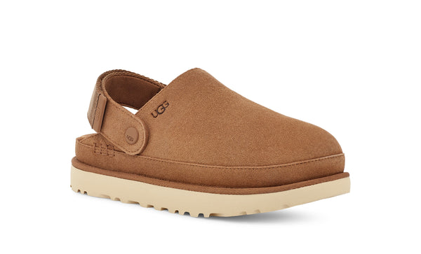 Slingback tan slipper clog on a white background