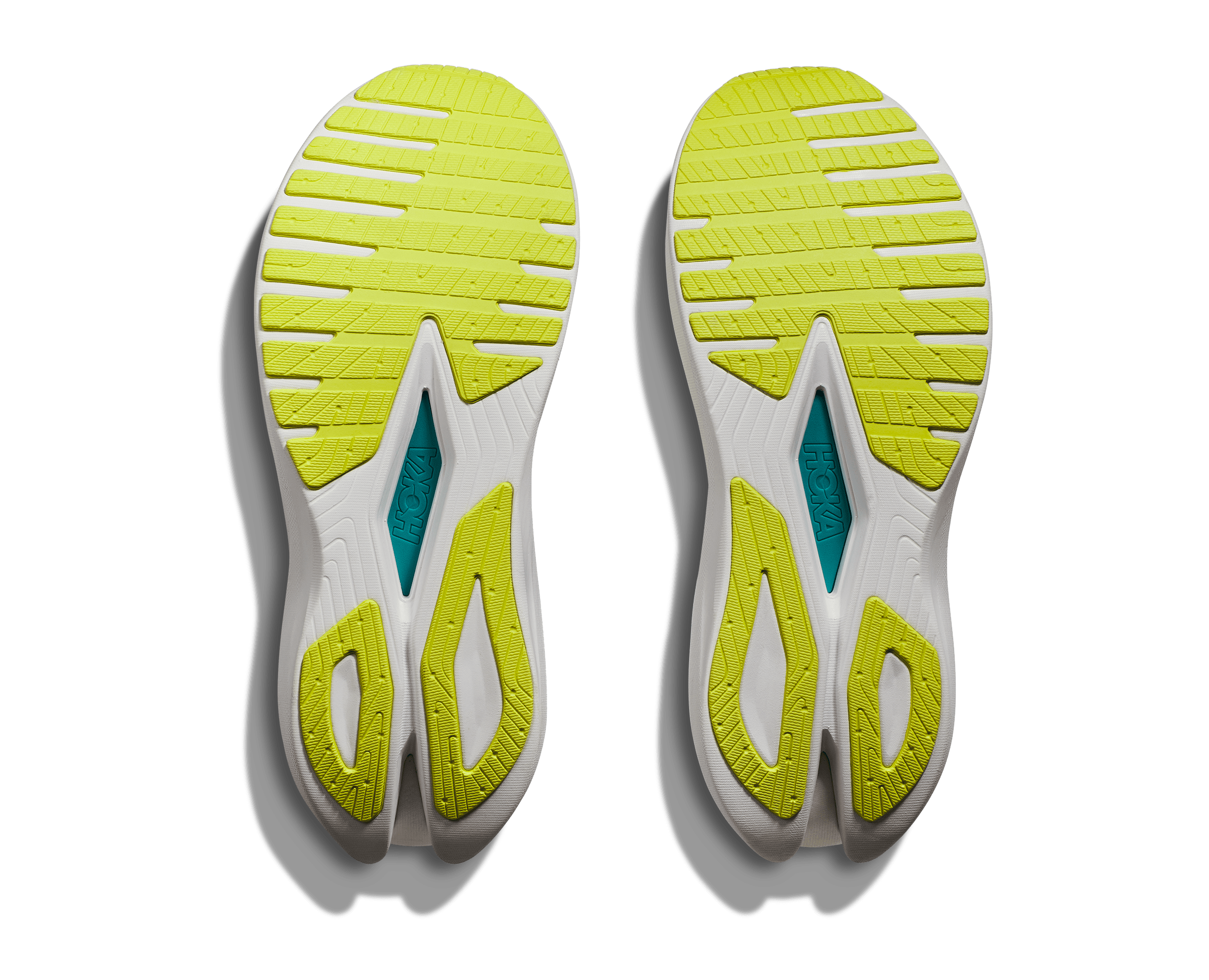 Bottom (outer sole) view of the Women's Mach X by HOKA in the color White/Blue Glass