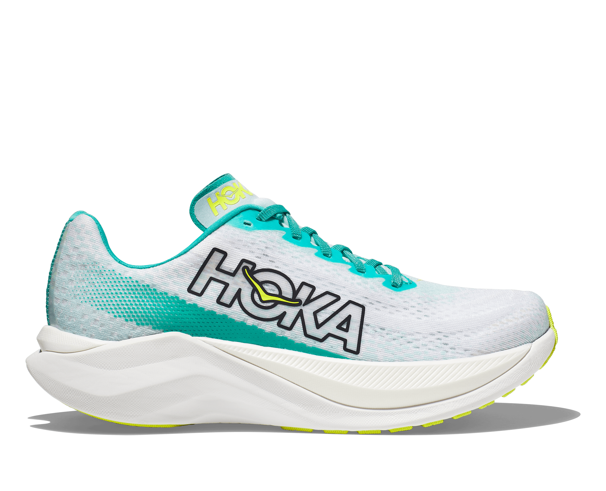 Lateral view of the Men's Mach X by HOKA in the color White/Blue Glass