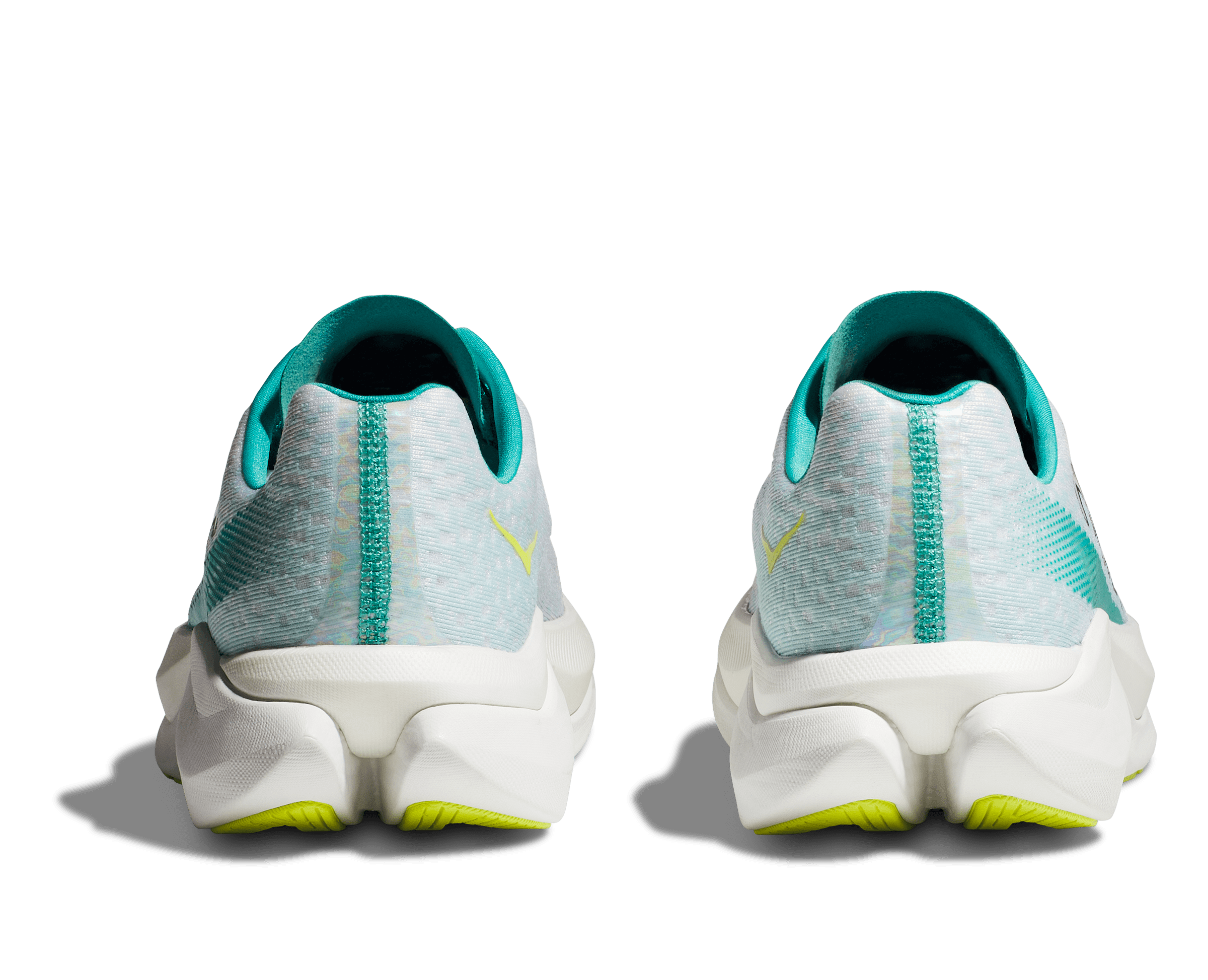 Back view of the Women's Mach X by HOKA in the color White/Blue Glass