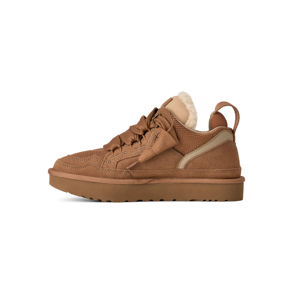 Tan sneaker with sherpa lining on a white background