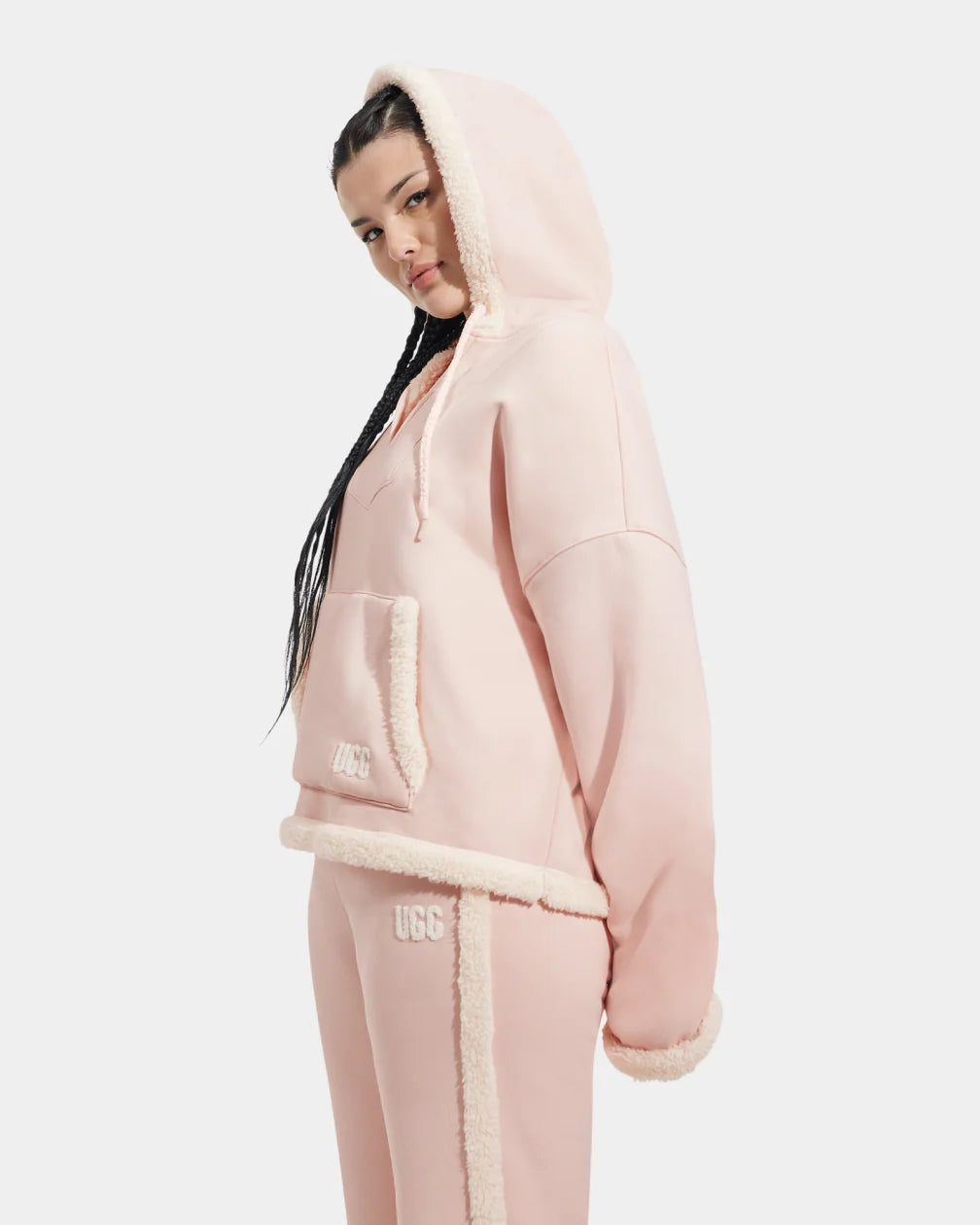 Side View of womens hooded fleece