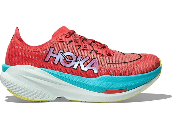 Red Hoka running shoe with blue sole on a white background.