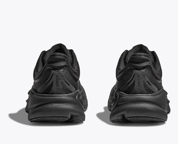 Black athletic shoes shown from the back on a white background