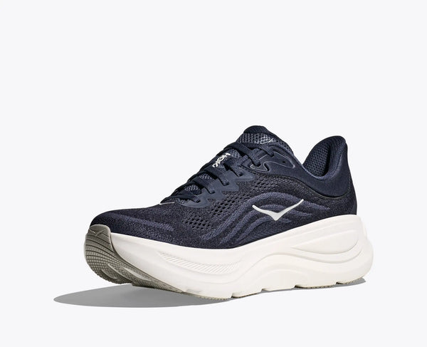 Navy running shoe with white sole on a light gray background