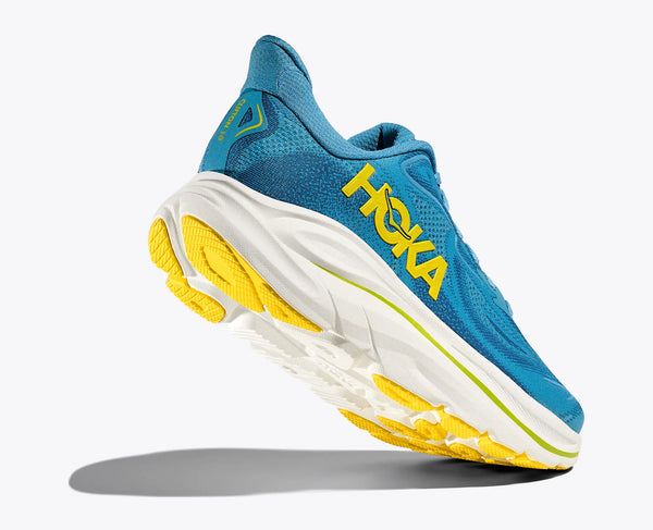 Blue and yellow Clifton 10 running shoe with Hoka branding on a white background