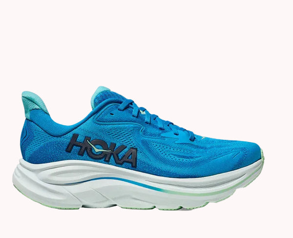 Blue Hoka Clifton 10 running shoe with white sole on a light gray background.