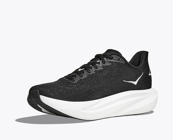 Black Hoka mach 7 running shoe with white sole on a light gray background