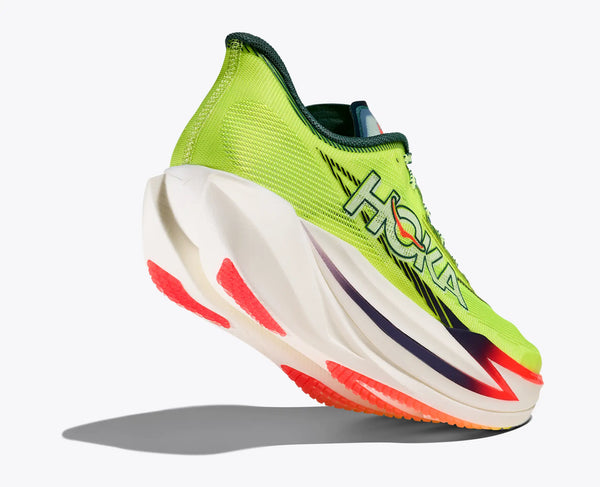 Brightly colored running shoe with 'Hoka' branding on a white background