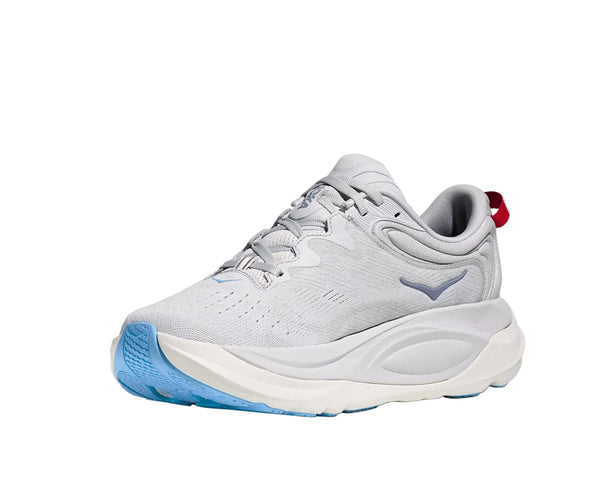 Gray athletic shoe with blue sole on a white background