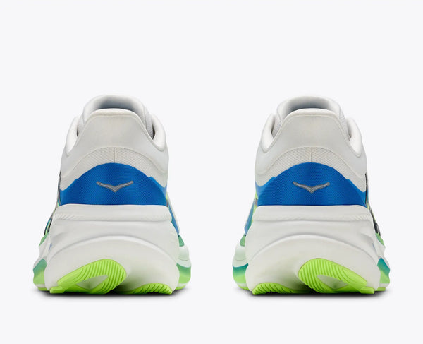 A pair of white athletic sneakers shown from the back, featuring a vibrant blue heel accent and neon green outsole details, set against a clean white background.