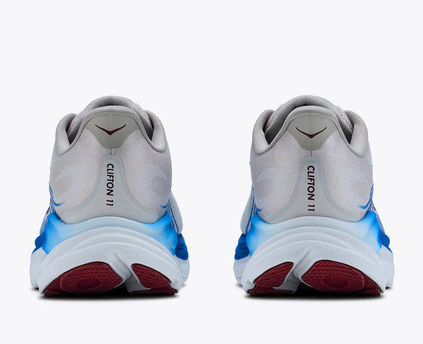 Pair of Clifton 11 running shoes shown from the back on a white background