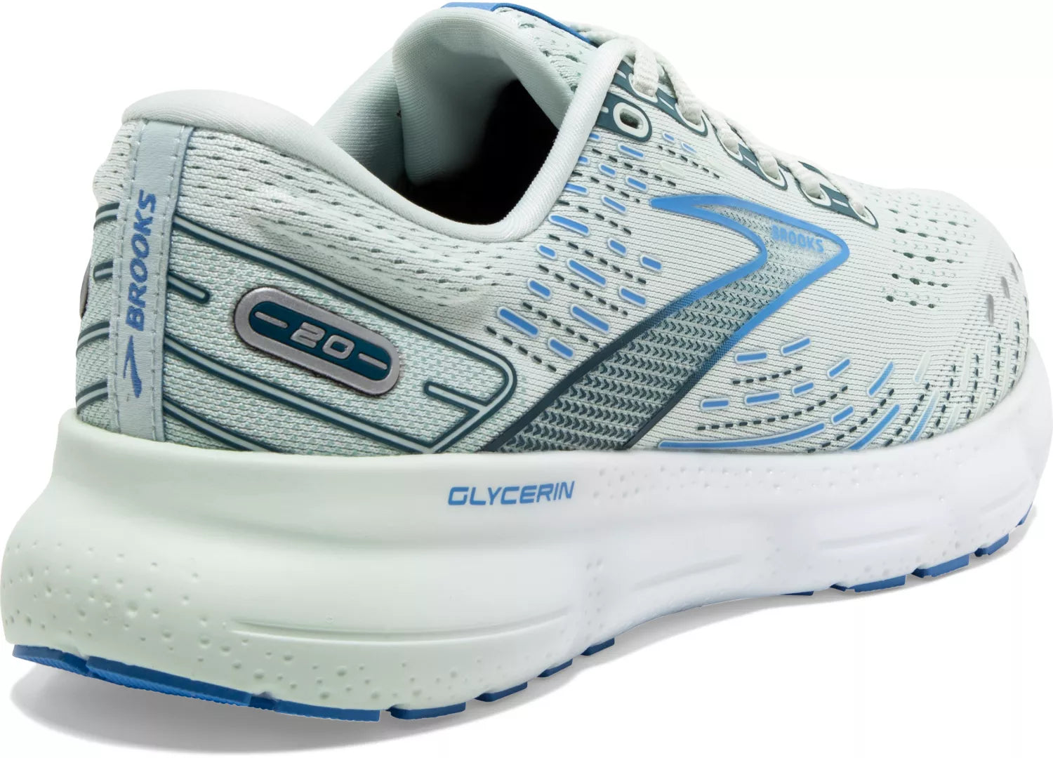 Back angle view of the Women's Glycerin 20 by Brook's in the color Blue Glass/Marina/Legion Blue