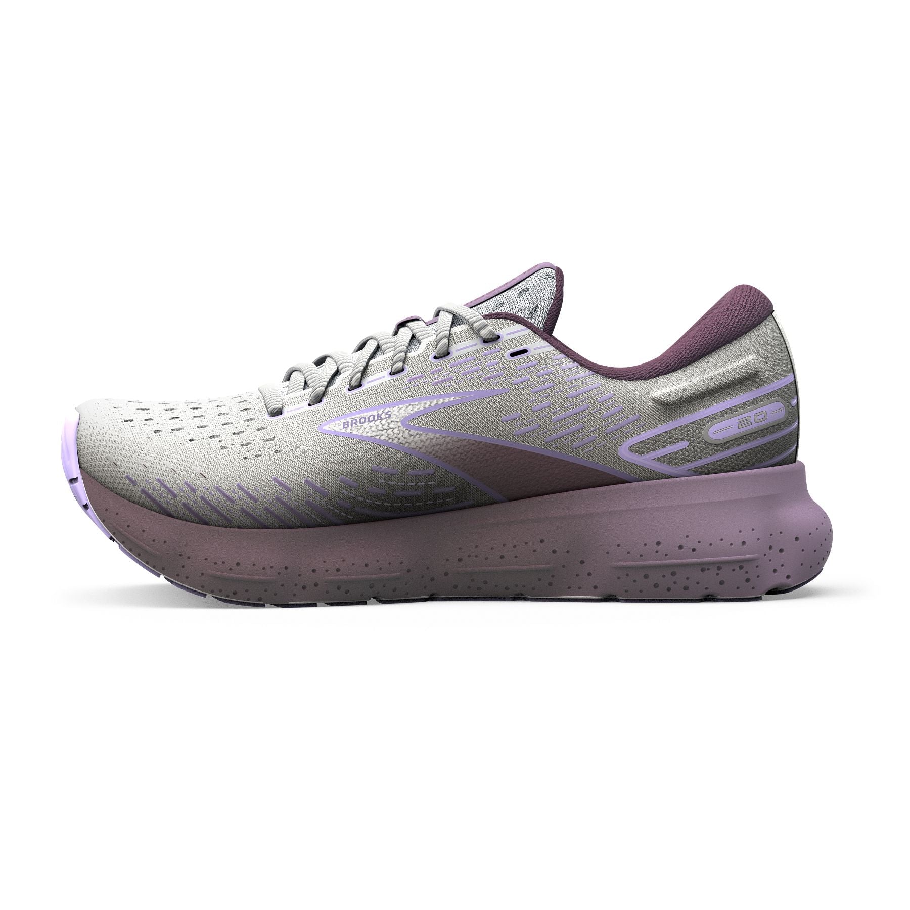 Medial view of the Women's Glycerin 20 in White/Orchid Lavender