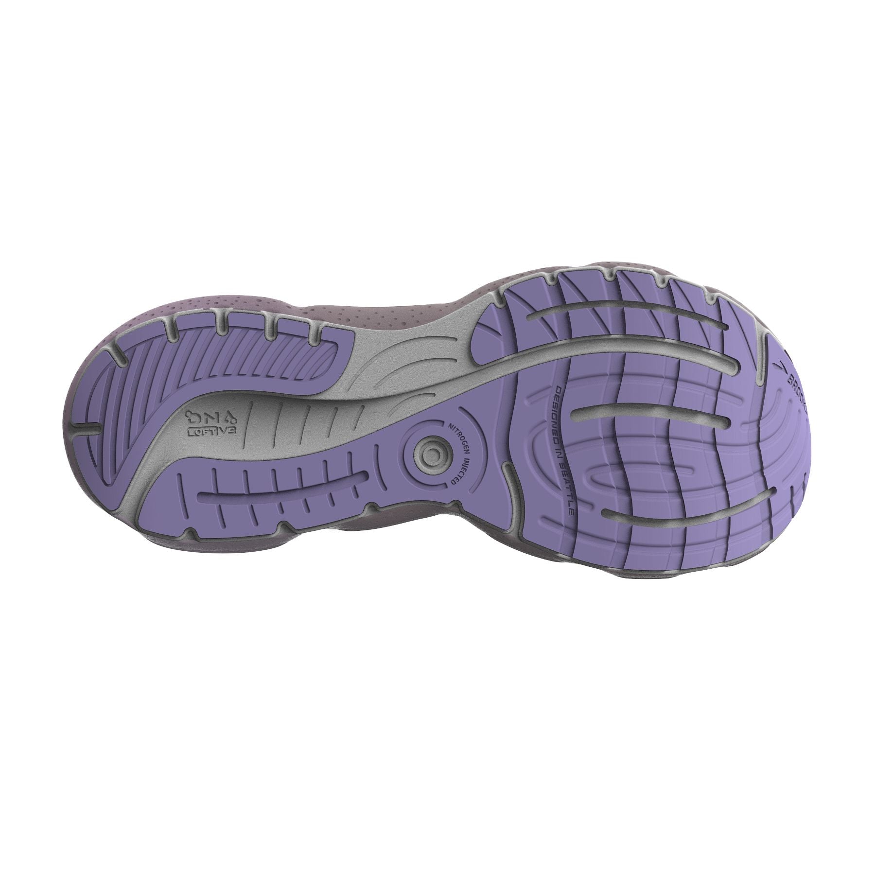 Bottom (outer sole) view of the Women's Glycerin 20 in White/Orchid Lavender