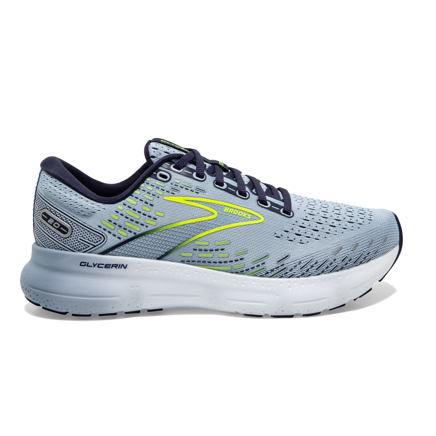 Lateral view of the Women's Glycerin 20 by BROOKS in the color Light Blue/Peacoat/Nightlife